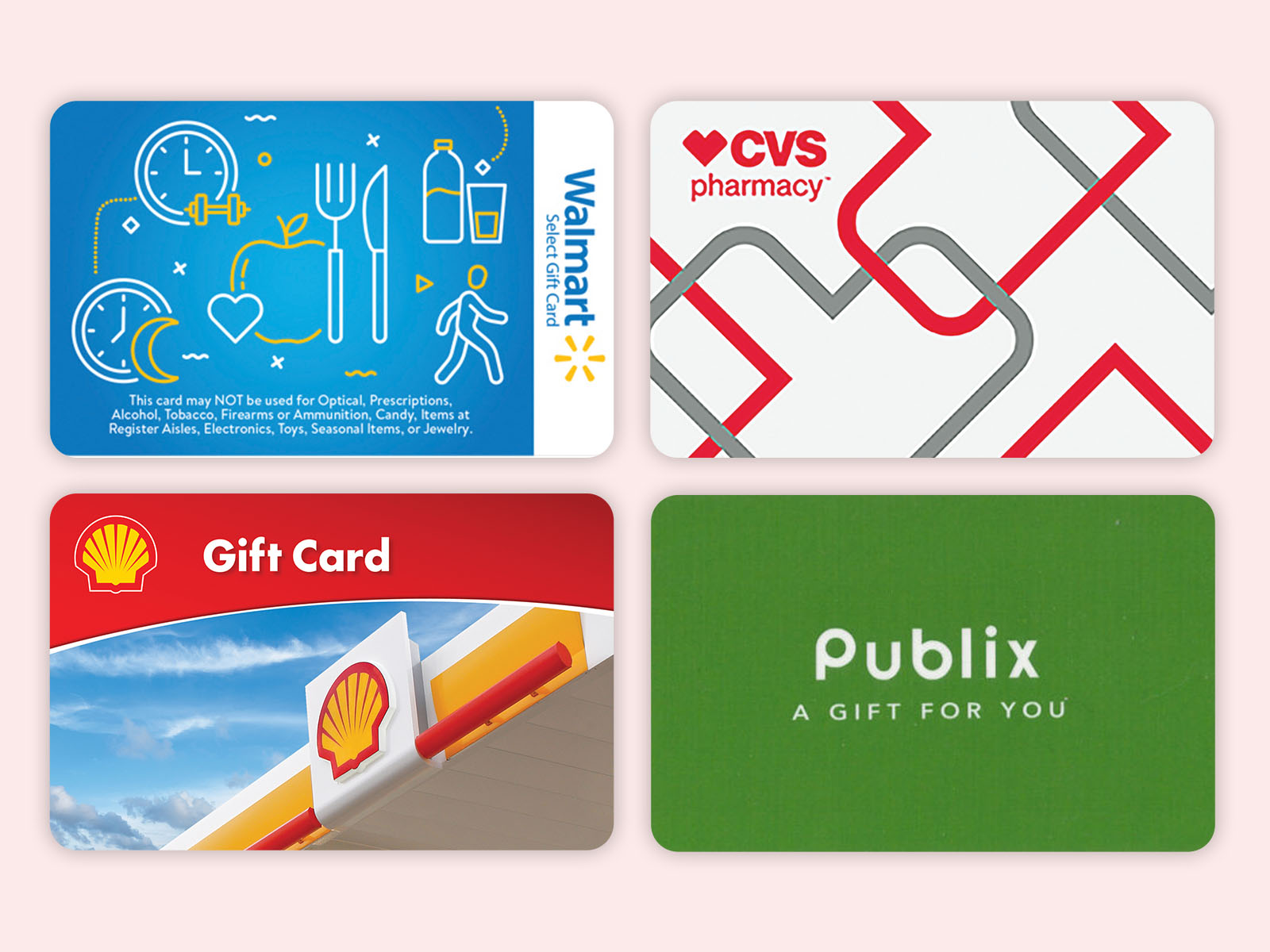 Imágenes de tarjetas de regalo de recompensa de Go365: Walmart, CVS, Shell y Publix.​​ 