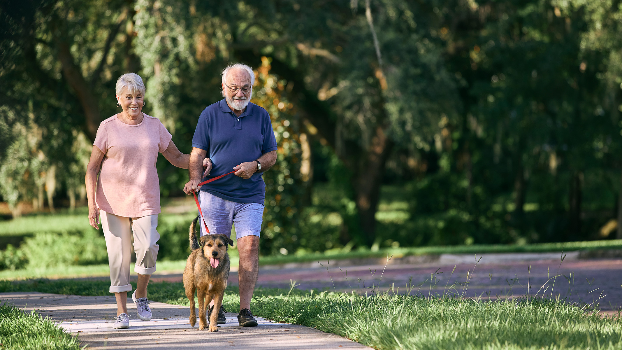 Pareja mayor paseando a un perro en el parque.​​ 