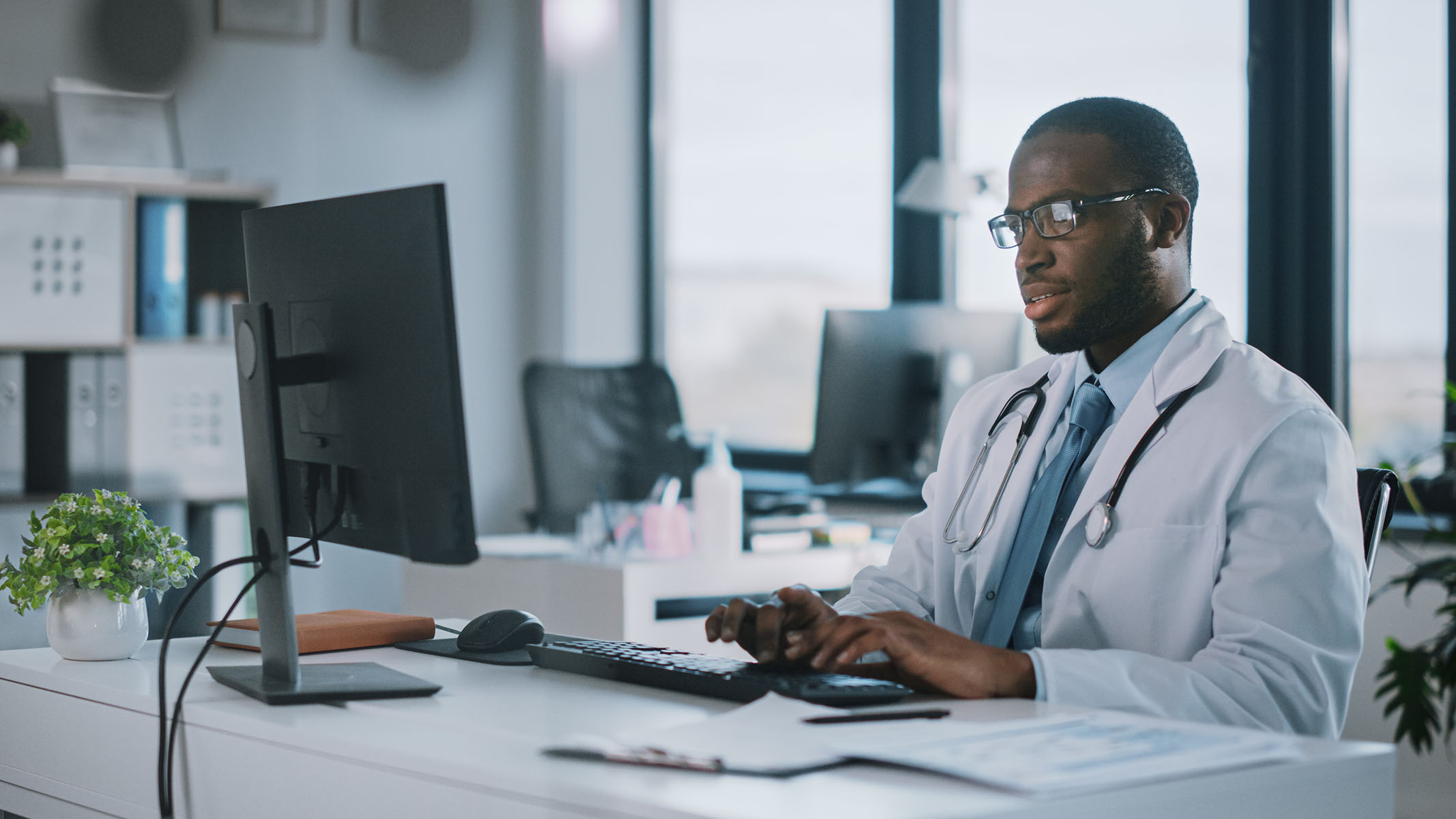 Profesional del cuidado de la salud trabajando en un computador.​​ 