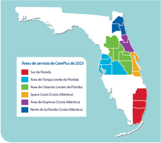 El mapa muestra las áreas de servicio de CarePlus en Florida para 2023